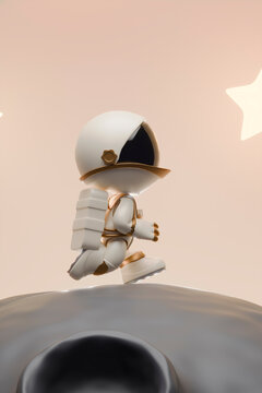 3d cartoon astronaut exploring asteroid in starry space scene