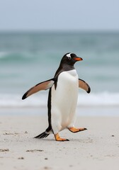 Naklejka premium penguin has a black head, white belly, orange feet. King Penguin Aptenodytes patagonicus Chicks in Creche in the rain.a Gentoo penguin standing on a sandy beach, wings outstretched and one leg raised.