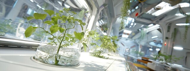  interior of a futuristic hydroponic farm inside a space station, plants floating weightlessly in transparent nutrient-filled pods. banner 