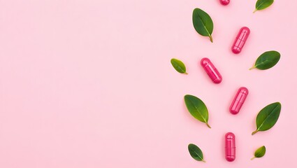 Pink Pills and Green Leaves on Pastel Background Health and Wellness Concept Promoting Natural Medicine and Supplementation