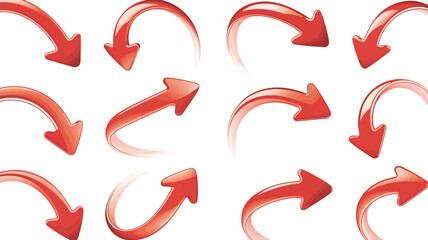 Set of twelve red curved arrow icons with gradient 3D style, ideal for concepts like direction, flow, movement, infographic design