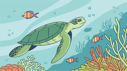 A sea turtle swimming underwater in a tropical coral reef with fish, depicted in a colorful cartoon illustration