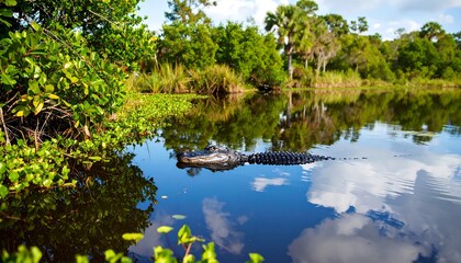 American Alligator Swimming in a Tranquil Lake Surrounded by Lush Greenery