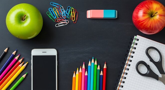 Back to school supplies arranged on a dark surface with apples and a smartphone