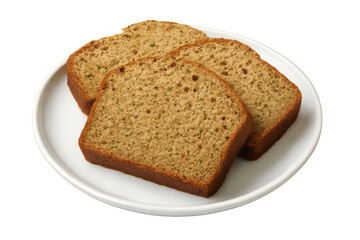 Three slices of delicious homemade zucchini bread are placed on a white plate, ready to be enjoyed, with transparent background