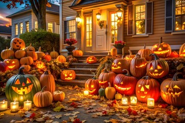 Obraz premium A house decorated with many carved pumpkins for halloween night
