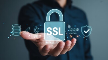Ensuring SSL Security: A hand presenting a glowing SSL padlock icon surrounded by data symbols, illustrating robust encryption, cybersecurity, and secure digital communication