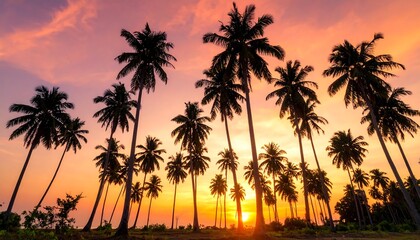 Obraz premium Silhouetted palm trees at sunset