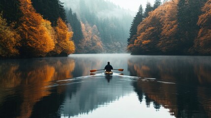 Generative AI picture of person rowing on a calm lake in autumn water and forest around