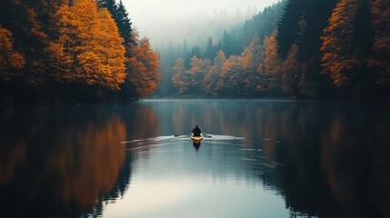Generative AI picture of person rowing on a calm lake in autumn water and forest around