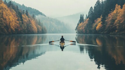 Generative AI picture of person rowing on a calm lake in autumn water and forest around