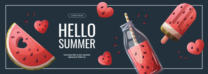 Summer banner design with watermelon slice, smoothie, popsicle. Vector illustration for promo, advertising, banner.