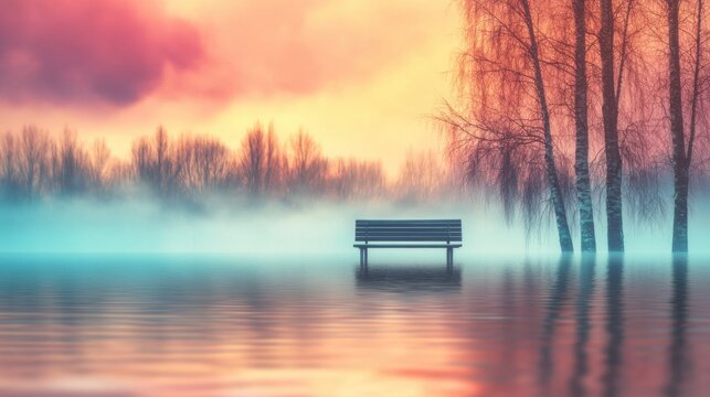 Serene bench in flooded landscape at dawn amidst misty trees