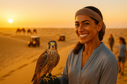 Smiling woman holding falcon during Dubai desert safari adventure at sunset