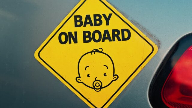 Close up of a yellow baby on board bumper sticker on the back of a grey car