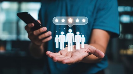 Enhancing Customer Service: A hand holding a smartphone displaying a five-star rating with user figures, illustrating client satisfaction, feedback collection, and service quality