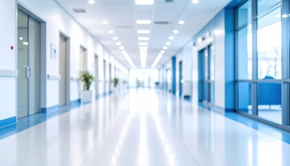 Abstract blurred background of a modern hospital corridor or clinic lobby. Bright, empty, and sterile interior for healthcare concepts.