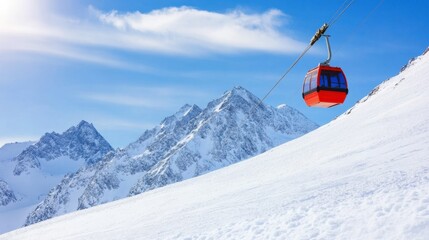 Scenic cable car ride over snowy mountains on a clear winter day