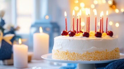 Enjoy a cake with candles and cherries at a cozy gathering!