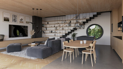 Interior of luxury wooden apartment with stairs. Comfortable living room with open space, 3D rendering