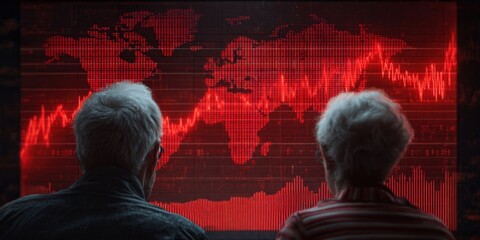 Elderly Couple Monitoring Financial Crisis Data on Tablet with Global Collapse Graph