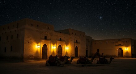 Ancient caravanserai with resting camels under a starry desert sky at night