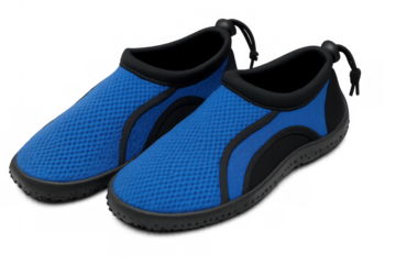 Close-up of blue and black aqua shoes, perfect for water activities, featuring a slip-on design and textured sole for enhanced grip, isolated on a transparent background