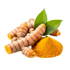 Turmeric root with green leaves and a heap of turmeric powder set against a white background

