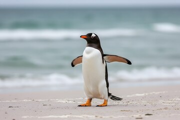 Naklejka premium penguin has a black head, white belly, orange feet. King Penguin Aptenodytes patagonicus Chicks in Creche in the rain.a Gentoo penguin standing on a sandy beach, wings outstretched and one leg raised.