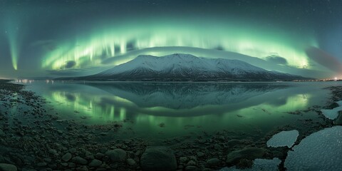 Soft green aurora arches over frozen mountains, gently glowing above a rugged arctic landscape and icy reflections in peaceful evening twilight.