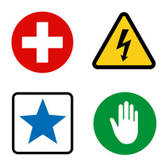 Set of four different safety signs with various symbols and colors