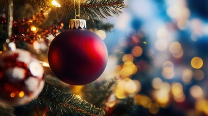 Bright red ornament hanging on a Christmas tree decorated for the holidays