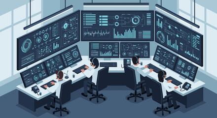 Fototapeta premium Scientists Monitor Complex Data Streams in Futuristic Control Room
