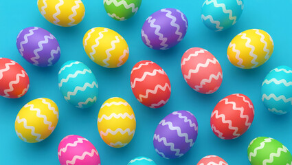 Vibrant Easter eggs with cheerful zigzag patterns arranged on a bright blue background, perfect for spring celebrations and holiday themes.