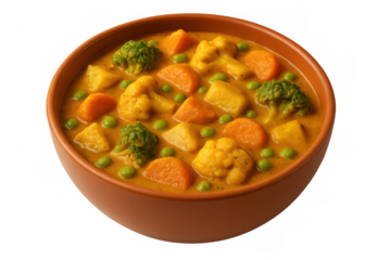 Vibrant vegetable curry brimming with potatoes, carrots, peas, broccoli, cauliflower, nestled in creamy sauce within rustic brown ceramic bowl