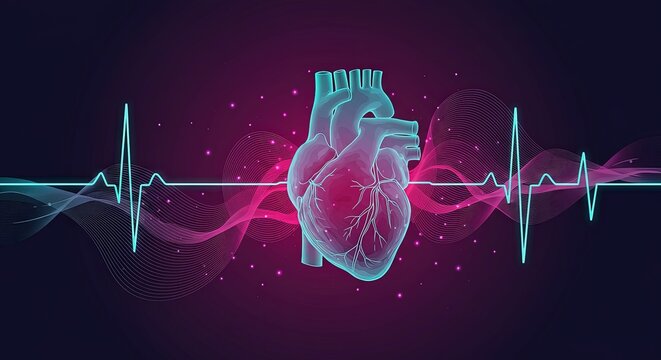 A stylized human heart with a pulsing EKG line against a dark vibrant background