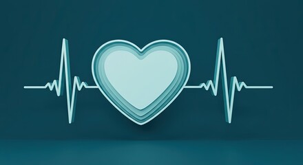 A teal heart with layered outlines superimposed on a teal electrocardiogram line
