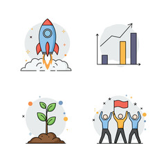 Startup and Growth Icons with Rocket Chart Plant and Team Celebration