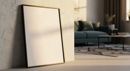 Framed Poster Leaning Against Wall in Living Room with Sofa