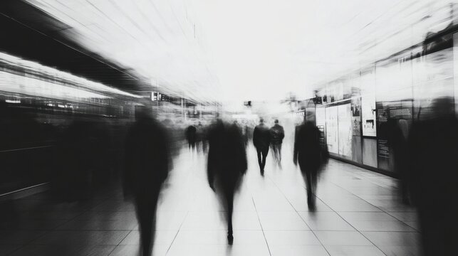 City subway station filled with blur of commuters during rush hour