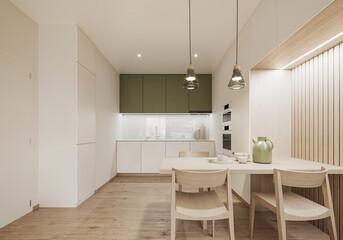 Interior of a modern small Scandinavian kitchen with dining room showcase. Comfortable hygge flat with green decoration.