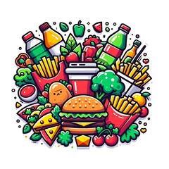 Illustration of a colorful assortment of fast food items and healthy food in a doodle style