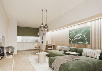 Interior of a modern small Scandinavian living room with dining room showcase. Comfortable hygge flat with green decoration.