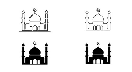 Mosque Icon Set in Black and White Line Art Style