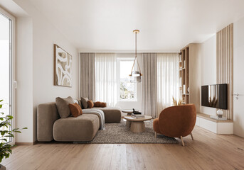 Interior of a modern small Scandinavian living room showcase. Comfortable hygge flat with orange decoration.