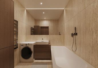 Modern bathroom travertine interior with shower and washing machine.