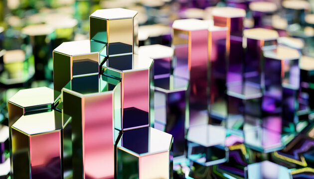 3d abstract glowing hexagons with colorful geometric reflections