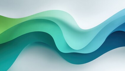 Abstract wavy layers in teal, green, and blue hues on a light background