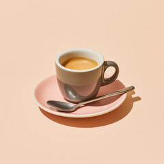 Obraz premium Minimalist coffee composition featuring a single espresso in a stylish two-tone cup on a pastel pink saucer with a silver spoon, set against a soft peach background.