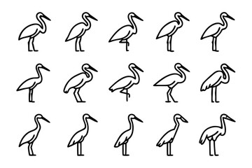 Heron Birds Silhouette Collection: A minimalist, line-art illustration showcasing a diverse collection of herons, offering a versatile design resource.